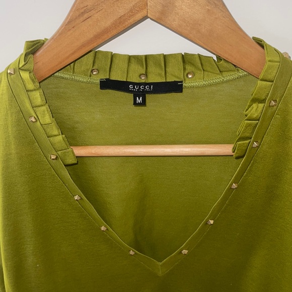 Gucci green vintage long sleeve cotton with gold studs and cuffs, size M - Picture 3 of 10